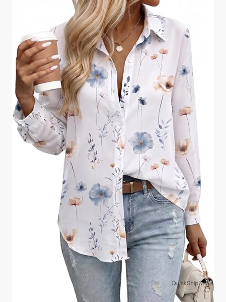 Chiffon Button Down Shirt Dressy Casual Floral Blouse Long Sleeve Work Top